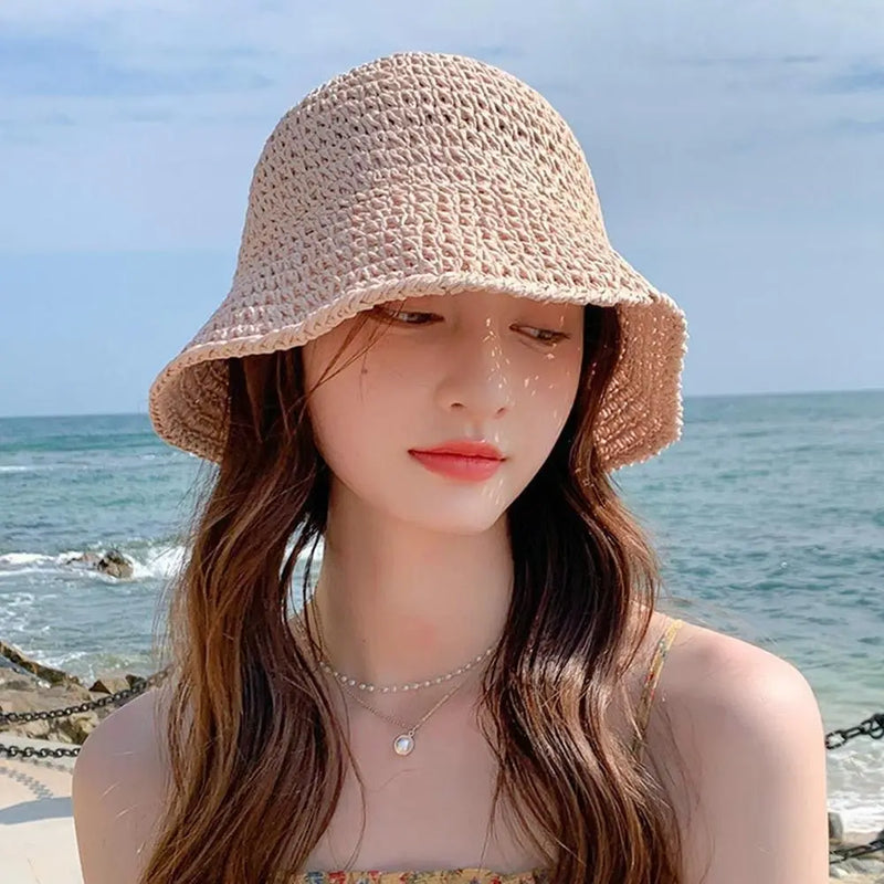Summer Sun Hat Wide Brim Floppy Hats for Women Beach Cap Panama Straw Hat Dome Weave Bucket Hat Femme Shade Hat