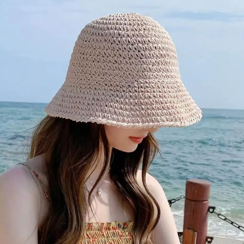 Summer Sun Hat Wide Brim Floppy Hats for Women Beach Cap Panama Straw Hat Dome Weave Bucket Hat Femme Shade Hat